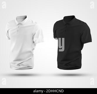 White, black male polo mockup, 3d rendering, with realistic shadows, isolated on background. Blank stylish t-shirt template, for design presentation, Stock Photo