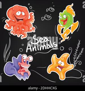 Sea animals in cartoon style. Cool sticker design on blackboard. Stock Vector