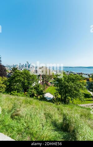 View of Seattle skyline from near West Highland Drive and Kerry Park in Queen Anne, Seattle, Washington. Stock Photo