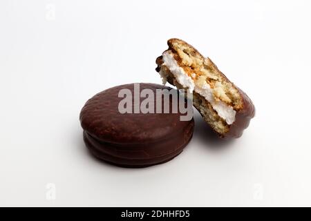 Chocolate coated pie on white background Stock Photo