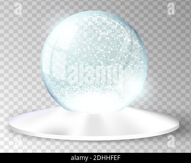 White vector snow globe empty template isolated on transparent background. Christmas magic ball. Blue glass ball dome silver round wide cone stand Stock Vector