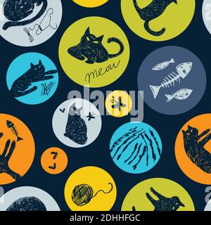 Vector blue colourful mystery cat pen sketch seamless pattern in circles. Perfect for fabric, scrapbooking and wallpaper projects. Stock Vector
