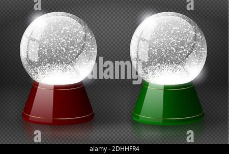 Red, green vector snow globe empty template isolated on transparent background. Christmas magic ball. White glass ball dome with golden lines on stand Stock Vector