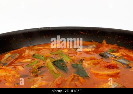 Saury kimchi stew on white background Stock Photo