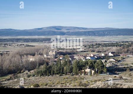 An aerial shot of the houses and landscapes in Villaviciosa, Ambles Valley, Avila, Castilla and Leon, Spain Stock Photo