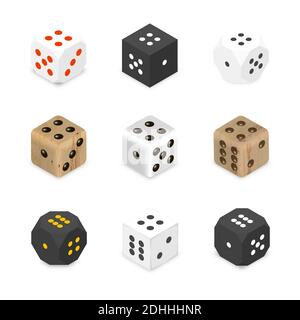 Set of various dices isolated on white background. 3D isometric style, vector illustration. Stock Vector
