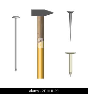 Hammer and nails isolated on white background. Elements design of the working tool and fasteners. Front view, vector illustration. Stock Vector