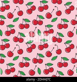 Seamless vector pattern with ripe cherries, Fresh fruit wallpaper background. Stock Vector