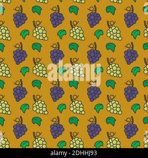 Seamless vector pattern with blue and green grapes and leaves on golden background Stock Vector
