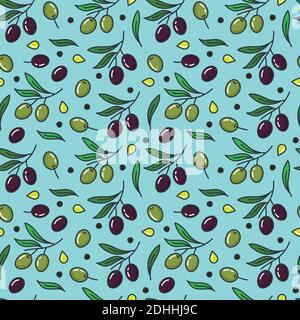 Seamless vector pattern with green and black olives with leaves, peppercorns and olive oil drops. Healtyh food wallpaper background. Stock Vector
