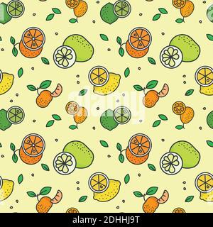 Citrus fruit variety seamless vector pattern wallpaper. Lemons, limes, pomelos, mandarin oranges and kumquats on pastel yellow background. Stock Vector