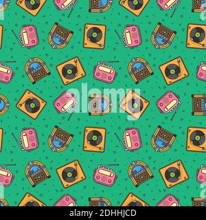 Retro music and sound technology seamless pattern with turntables, radios, jukeboxes. Colorful vector background wallpaper. Stock Vector