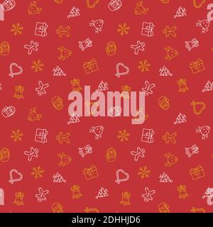 Seamless christmas holidays vector pattern with santa claus, snowflake, reindeer, candy, christmas tree and othrt symbols on red background Stock Vector