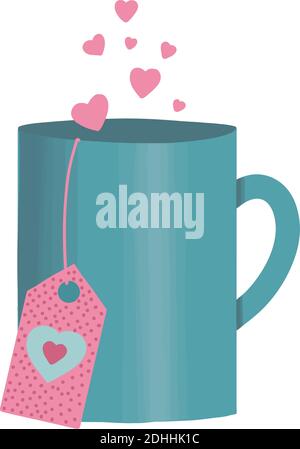Retro cartoon lettering with cup with hearts on white background for celebration decoration design. Vector, isolated. Holiday design. Drawing style Stock Vector