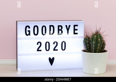 Farewell to a bad year 2020. Lightbox with goodbye message and potted cactus. Stock Photo