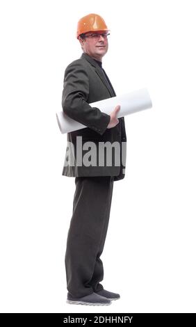 side view. man with a roll of drawings looking at you. Stock Photo