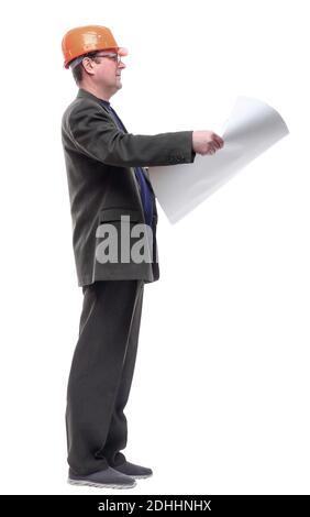 side view. man with a roll of drawings looking at you. Stock Photo