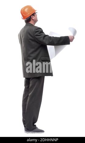 rear view. experienced architect reading the drawing. Stock Photo