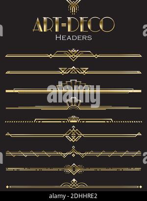 Set of headers made in the Art-Deco style, golden color on a black background. Stock Vector