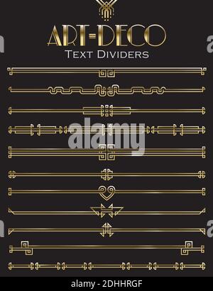 Set of text dividers made in the Art-Deco style, golden color on a black background. Stock Vector