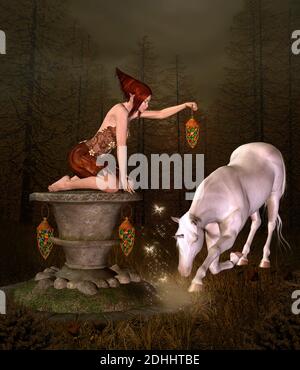 White unicorn and cute elf looking for a treasure Stock Photo