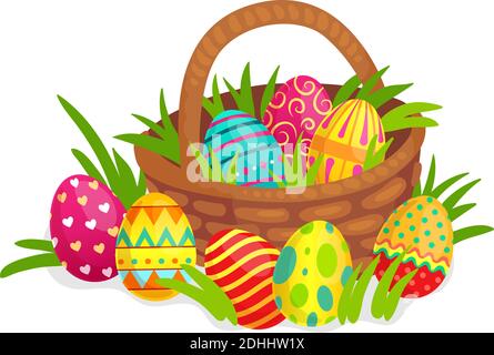 Easter decorated eggs in wicker basket. Colorful eggs with hearts, lines, dots and twirls decor for holiday Stock Vector