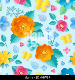 Paper cut flower pattern. Spring orange poppy, wildflower, leaves and butterfly. Meadow blossom 3d origami. Floral vector seamless wallpaper Stock Vector