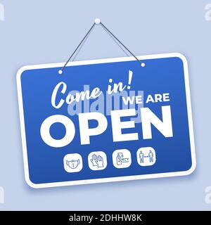 Come in open sign. New normal welcome signage for shop or market reopen during covid 19 with safety icons. Hanging on door vector blue tag Stock Vector