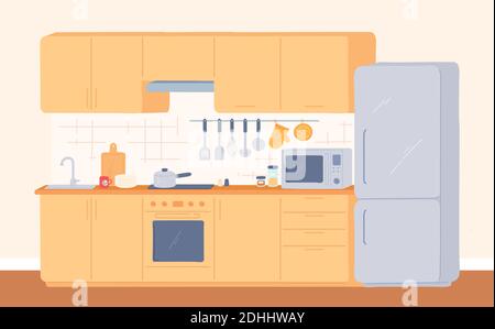 Kitchen interior. Furniture for cooking stove, oven, cupboard, sink and fridge. Modern kitchen with appliances and utensils, vector room Stock Vector