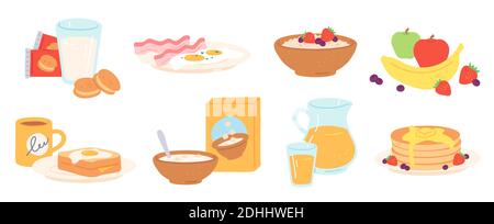 Breakfast meal. Morning lunch drink and food healthy fruit, eggs and bacon, bread, porridge, cereal and milk, pancakes. Luncheon vector set Stock Vector