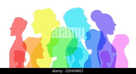 Silhouette social diversity. People of diverse culture. Men and women group profile. Racial equality in multicultural society vector concept Stock Vector