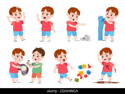 Kids bad behavior. Bully making mess, scream, angry, rips clothes and break vase. Naughty boy fighting over a toy. Problem child vector set Stock Vector
