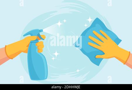 Cleaning surface. Hands in gloves clean with spray and wipe. Sanitizing home from virus and bacteria. Coronavirus prevention vector concept Stock Vector
