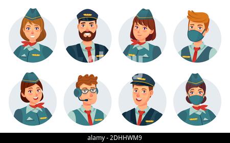 Air crew avatars. Airline pilot, ship captain, stewardess, flying attendant and flight engineer round icon. Airport staff in mask vector set Stock Vector