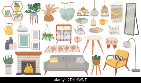 Scandinavian furniture. Cozy home furnishing for living room. Hygge style plants, lamp, armchair, pillow and sofa. Boho interior vector set Stock Vector