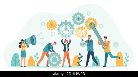 Business people with gears. Employee team create mechanism with cogs, manager with megaphone. Tiny person teamwork motivation vector concept Stock Vector