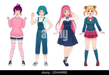 Anime girls. Beautiful japanese manga schoolgirls in uniform, lolita style dress, overalls and hoodie. Happy kawaii female poses vector set Stock Vector