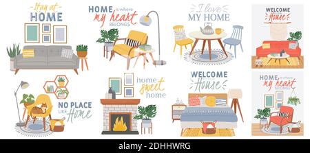 Scandic cozy interiors. Comfy furnished living room and bedroom in hygge style with armchair, plants and cat. Modern stay home vector poster Stock Vector