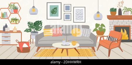 Living room interior. Modern home indoor furniture cozy sofa, carpet, chair, table and plant in scandic hygge style. Apartment vector decor Stock Vector