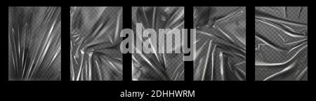 Plastic wrap. Crumpled and stretched polyethylene film for packages. Transparent fold texture of cellophane bag. Wrinkled wraps vector set Stock Vector