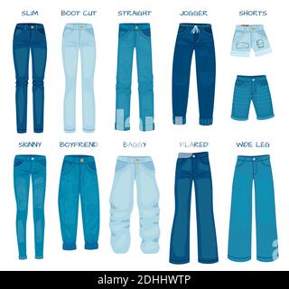 Women jeans fits. Denim female pants models skinny, straight, slim, boyfriend and boot cut. Silhouette styles of jean trousers vector set Stock Vector