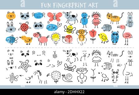 Paint with finger prints. Kids fingerprint learning art game and quiz worksheet with characters. Education drawing for children vector sheet Stock Vector