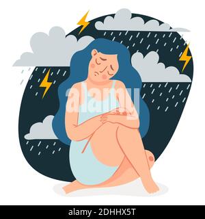 Depressed woman. Sad lonely girl sitting and hugging her knees under rain clouds and storm. Female in depression or anxiety vector concept Stock Vector