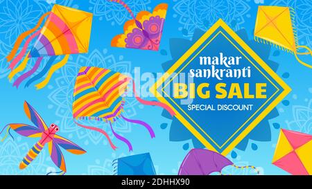 Kite festival sale. Traditional indian celebration Makar Sankranti special discount offer banner. Colorful flying kites vector sale poster Stock Vector