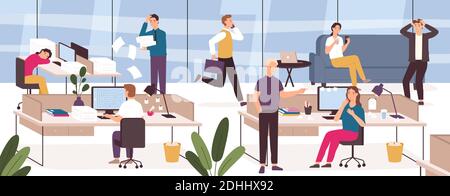Chaos in office. Work place with stressed, lazy, sleeping or panicing workers and angry boss. Business problem at deadline vector concept Stock Vector