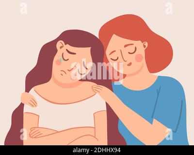 .Compassion friend. Woman comfort sad girl. Women empathy talk and friends support. Depression, stress or anxiety therapy help vector concept Stock Vector