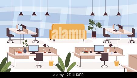 Office interior. Empty work place, room with furniture tables, chairs and couch. Modern company cabinet or coworking center vector concept Stock Vector