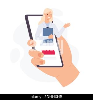 Smartphone with online doctor. Hand hold phone with virtual woman medic on screen. Medical mobile app for health consultation vector concept Stock Vector