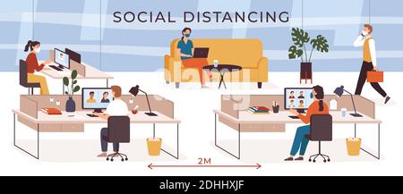 Social distancing in office. Business people with safety masks working at workplace. Video conference. Keep distance at job vector concept Stock Vector