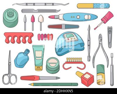 Manicure tools. Salon accessories and equipment for nails care. Polish bottle and brush, hand cream, file, scissors and clippers vector set Stock Vector